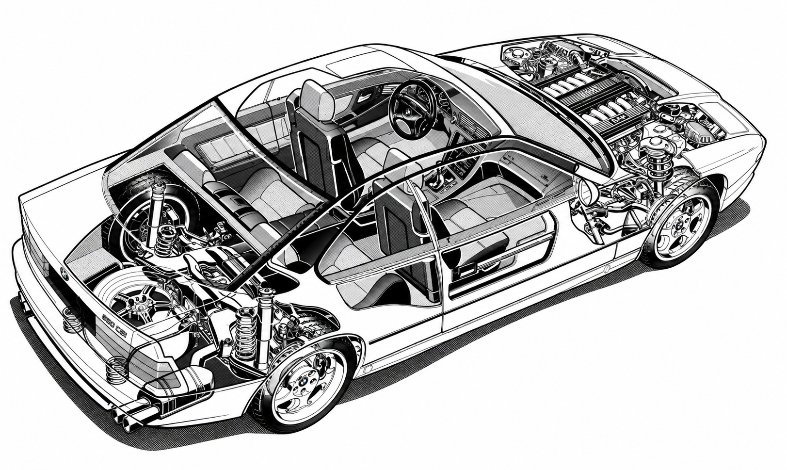 Vue écorchée de la BMW 850 CSi montrant son moteur V12 avant, son habitacle, ses suspensions et les principaux éléments mécaniques.