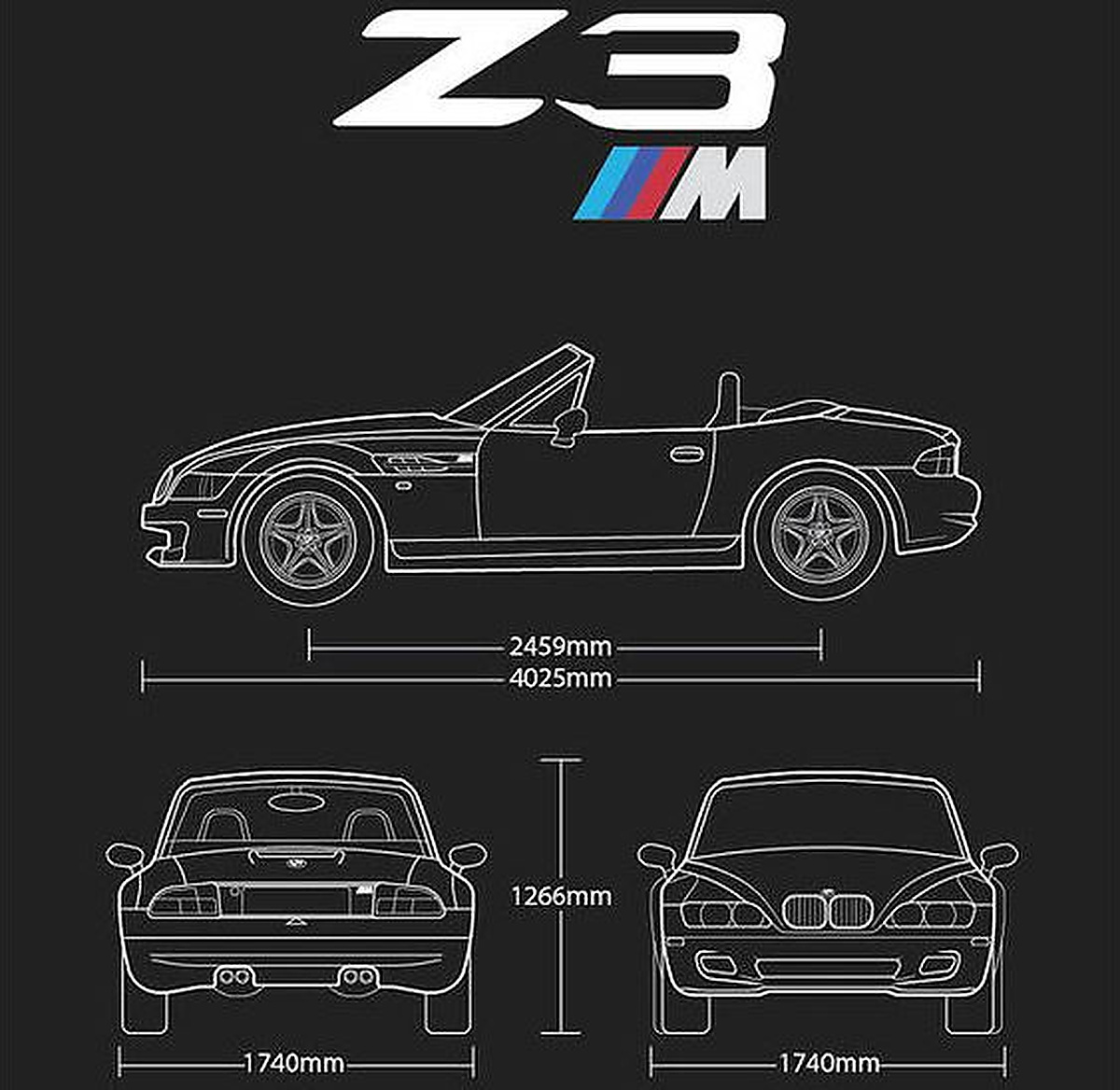 Plan technique du BMW Z3 M Roadster avec vues de profil, face et arrière et principales dimensions.