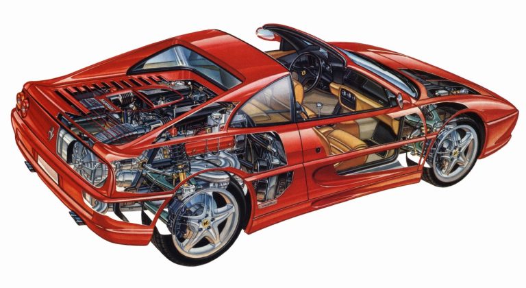 Vue écorchée d'une Ferrari F355 rouge dévoilant son V8 central arrière, ses suspensions, son châssis et son habitacle.