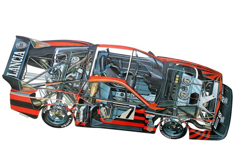 Vue écorchée de la Lancia Beta Montecarlo Turbo Groupe 5 montrant son moteur central arrière turbocompressé, son châssis et ses éléments mécaniques.