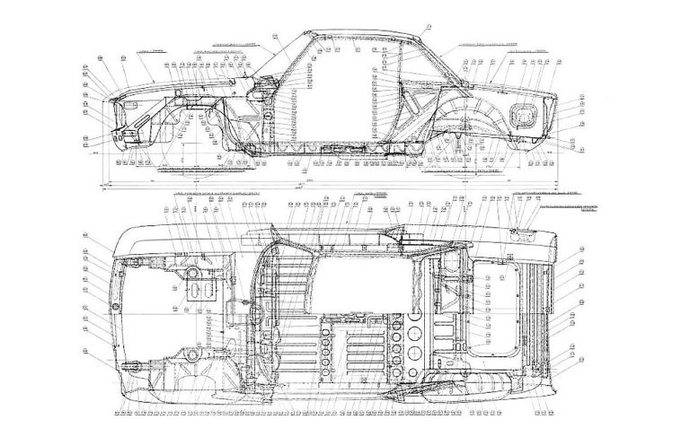 Plan technique détaillé de la Lancia Fulvia Coupé 1600 HF montrant la structure de la carrosserie de profil et vue de dessus.