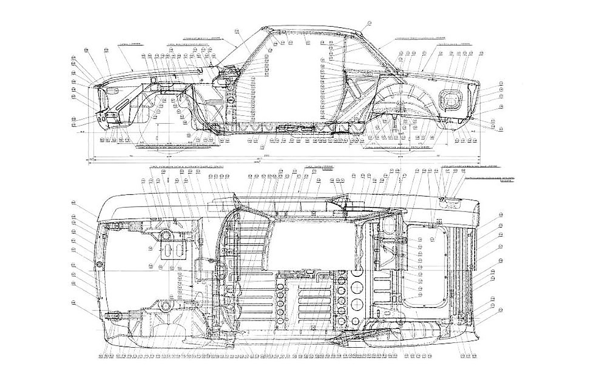 Plan technique détaillé de la Lancia Fulvia Coupé 1600 HF montrant la structure de la carrosserie de profil et vue de dessus.