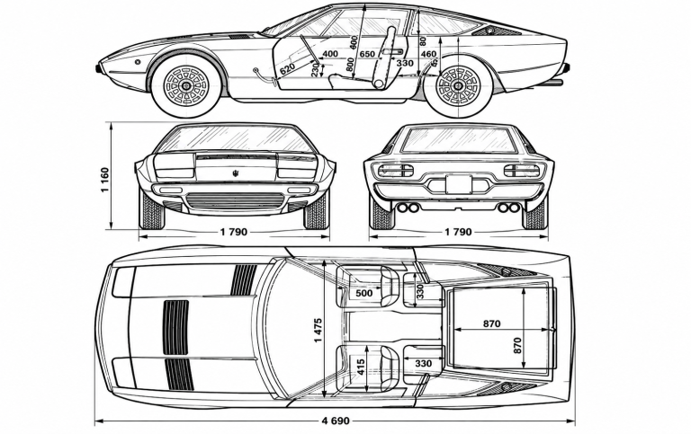 Plan technique de la Maserati Ghibli SS avec vues de profil, face, arrière et dessus et principales dimensions.