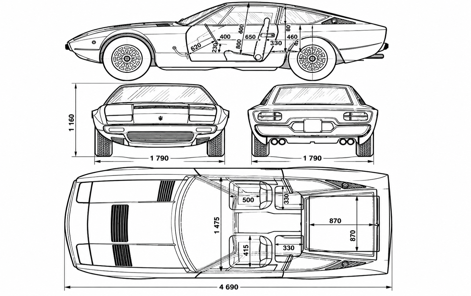 Plan technique de la Maserati Ghibli SS avec vues de profil, face, arrière et dessus et principales dimensions.