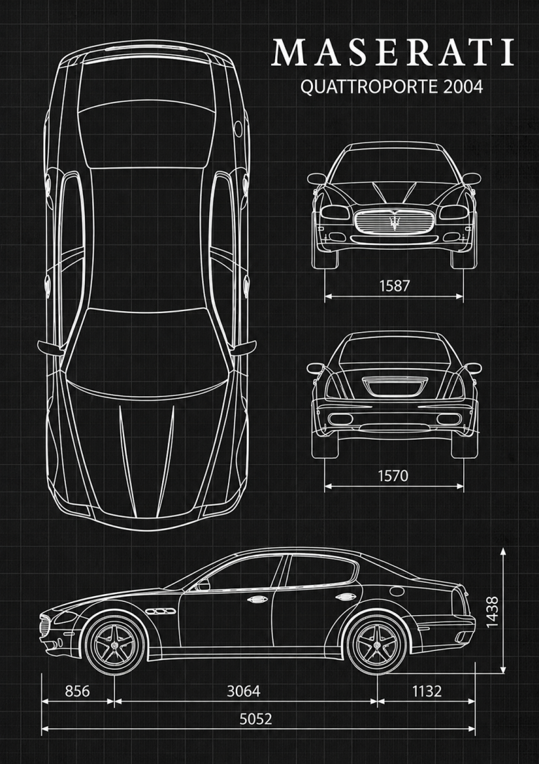 Plan technique de la Maserati Quattroporte 4.2 V8 de 2004 avec vues de dessus, face, arrière et profil, accompagné des principales dimensions.