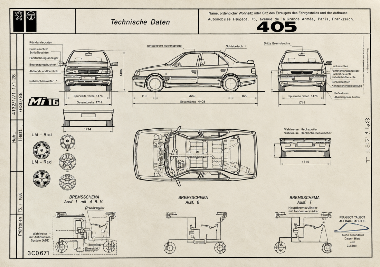 Plan technique de la Peugeot 405 Mi16 première génération avec vues de face, profil, arrière et dessus, dimensions et schémas de freinage.
