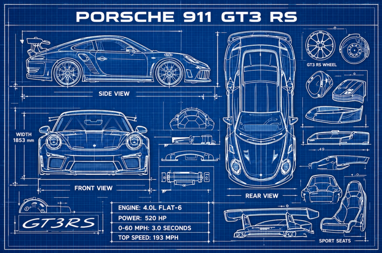 Plan technique de la Porsche 911 GT3 RS avec vues de profil, face et dessus, détails aérodynamiques, dimensions et caractéristiques du flat-six.