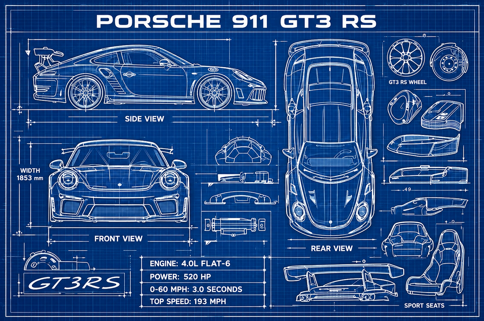 Plan technique de la Porsche 911 GT3 RS avec vues de profil, face et dessus, détails aérodynamiques, dimensions et caractéristiques du flat-six.