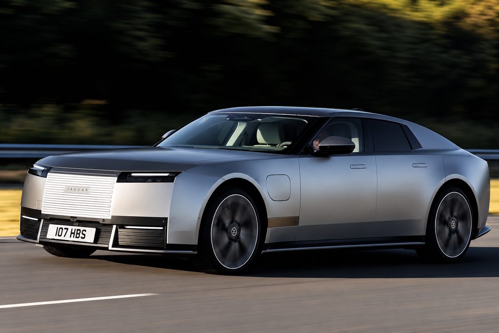 Jaguar Type 01, nouvelle GT électrique de luxe à quatre portes, photographiée sur route.