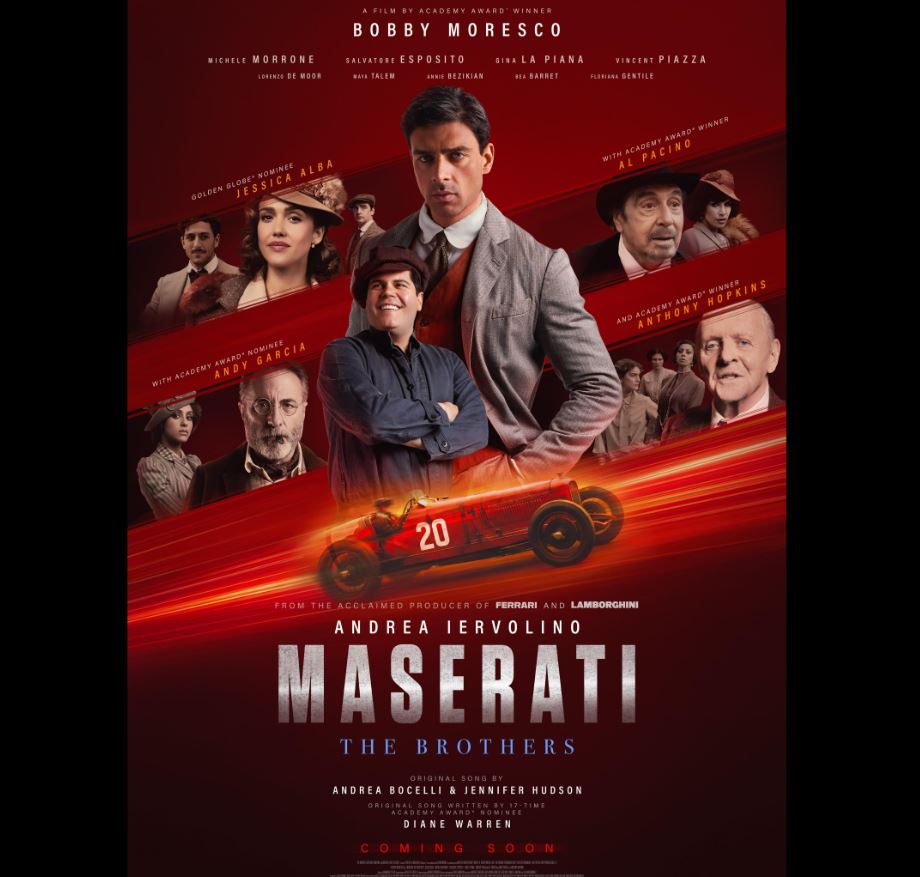Affiche du film Maserati The Brothers avec ses acteurs et une voiture de course historique