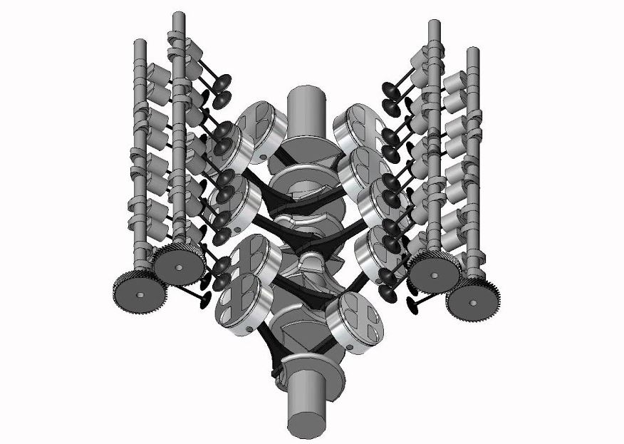Schéma technique d'un moteur V10 montrant les deux rangées de cinq cylindres, les pistons, les bielles, le vilebrequin et les arbres à cames.