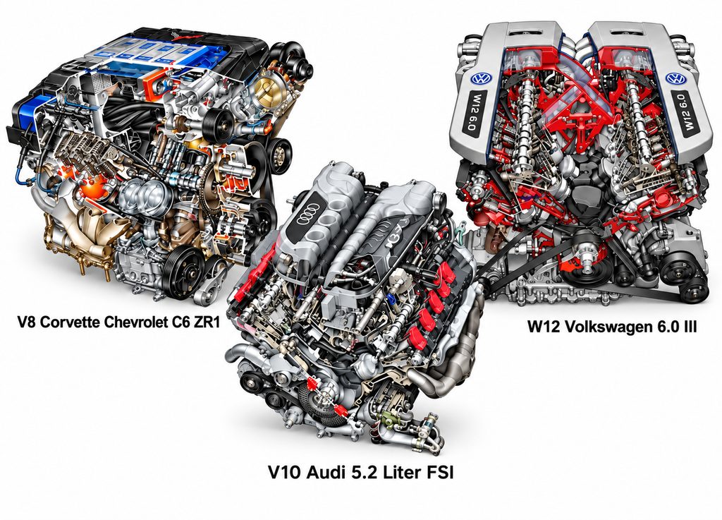 Comparaison illustrée entre un moteur V8 de Chevrolet Corvette, un V10 Audi 5,2 litres FSI et un moteur W12 Volkswagen.