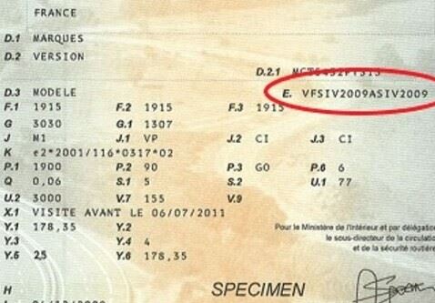 Numéro VIN dans le champ E d’une carte grise française