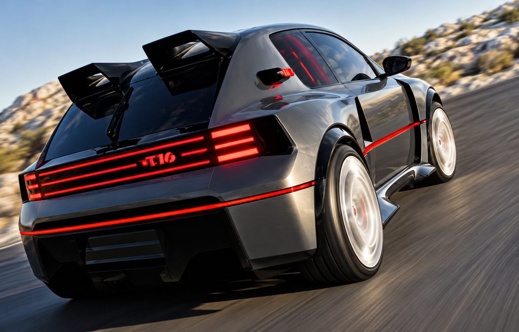 Peugeot E-T16 Concept vue de trois quarts arrière droit, avec ses doubles ailerons et ses feux rouges