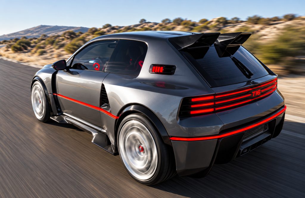 Peugeot E-T16 Concept en mouvement, vue arrière gauche montrant ses ailes élargies et son imposant diffuseur