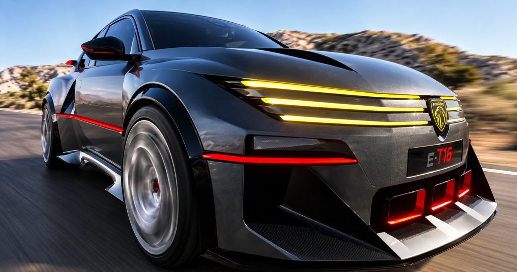 Peugeot E-T16 Concept vue de trois quarts avant droit, avec sa signature lumineuse jaune et son bouclier aérodynamique