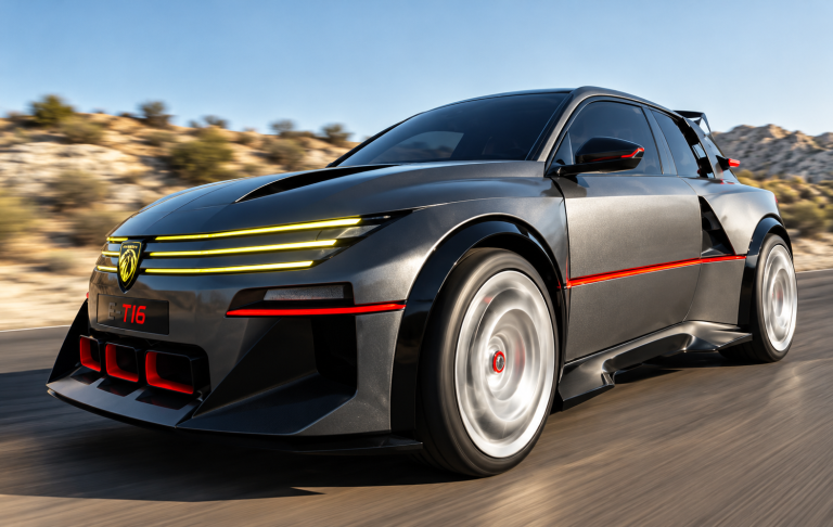 Peugeot E-T16 Concept en mouvement, vue avant gauche avec ses trois griffes lumineuses et sa carrosserie élargie