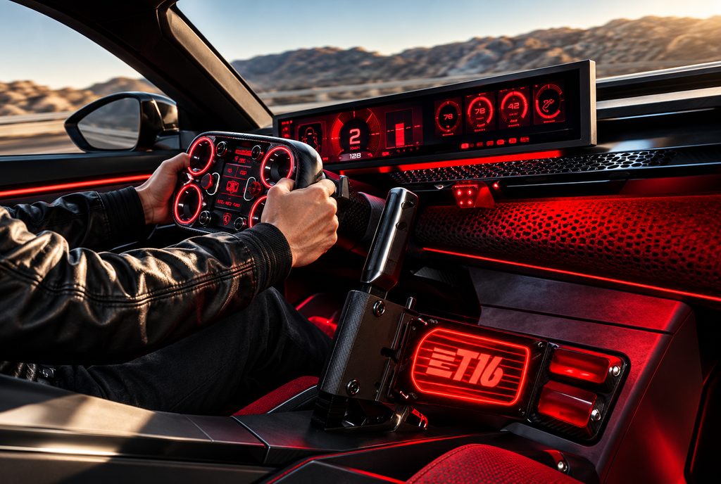 Intérieur de la Peugeot E-T16 Concept avec volant Hypersquare, instrumentation rouge et conducteur au volant