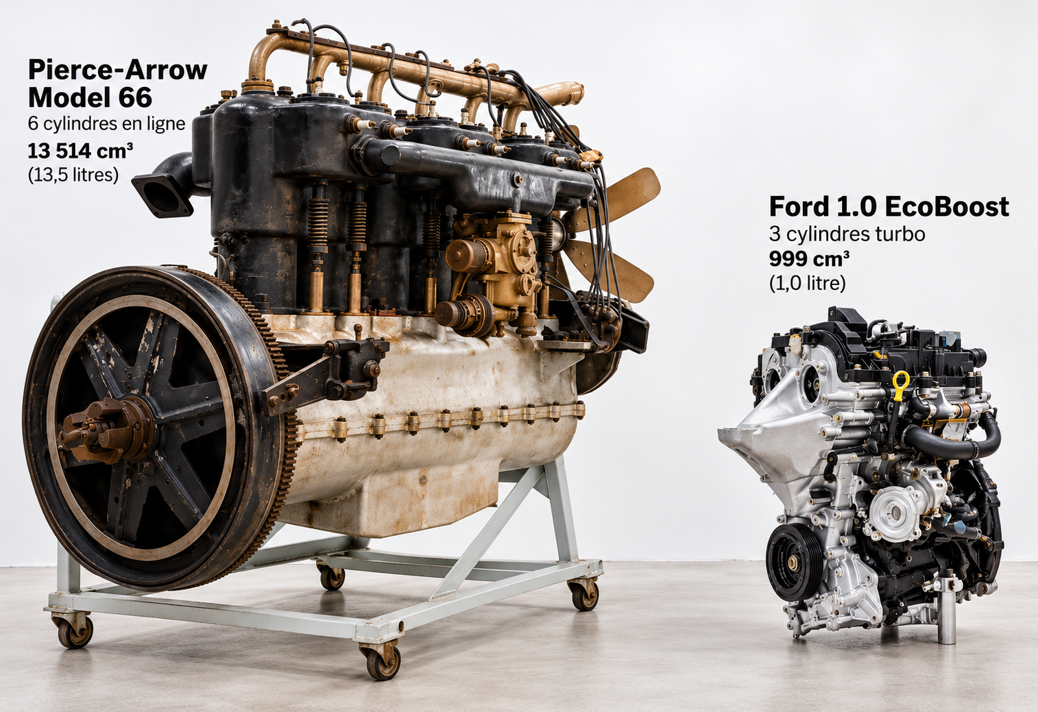 Comparaison entre le moteur Pierce-Arrow de 13,5 litres et le trois cylindres Ford EcoBoost de 1 litre.