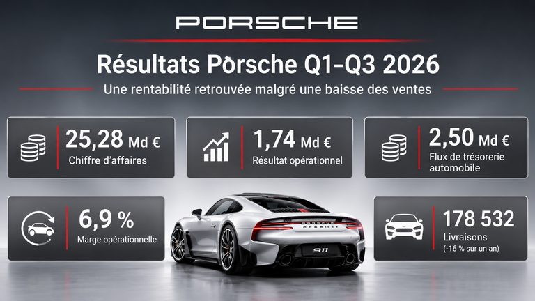 Résultats Porsche 2026 : chiffre d'affaires, bénéfice opérationnel, marge et livraisons sur neuf mois.
