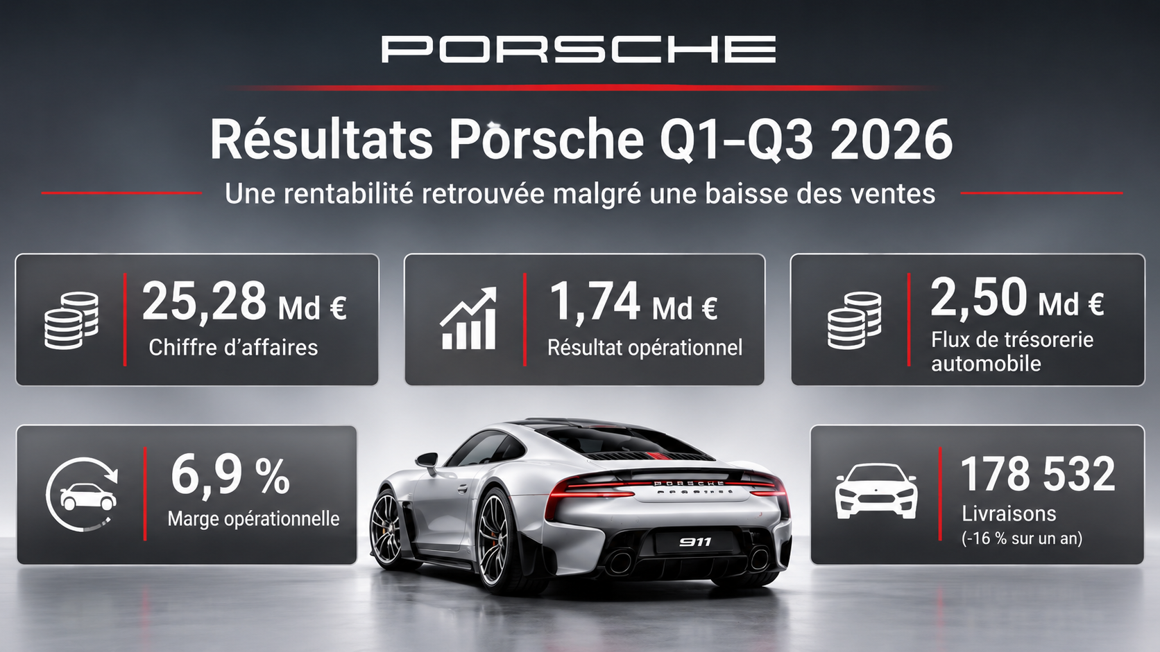 Résultats Porsche 2026 : chiffre d'affaires, bénéfice opérationnel, marge et livraisons sur neuf mois.