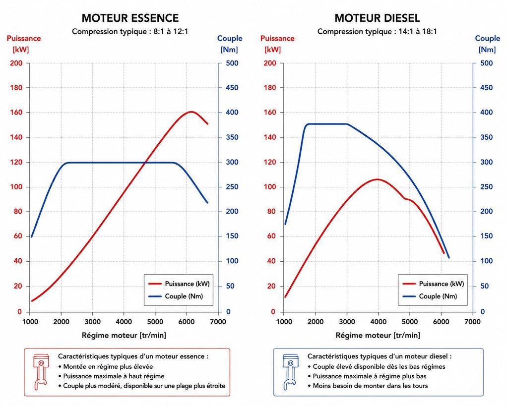 Comparaison des courbes indicatives de couple et de puissance des moteurs essence et diesel avec leurs taux de compression typiques.