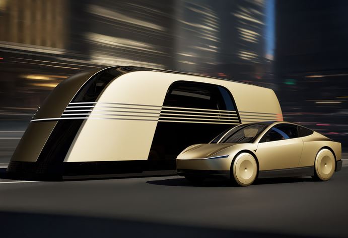 Illustration du Tesla Cybercab circulant aux côtés d'un concept de Cybervan autonome dans une ville futuriste.