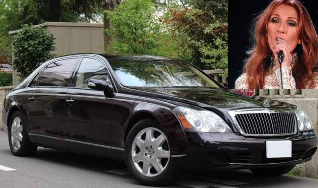 Céline Dion en médaillon avec une Maybach 62 noire, limousine de grand luxe