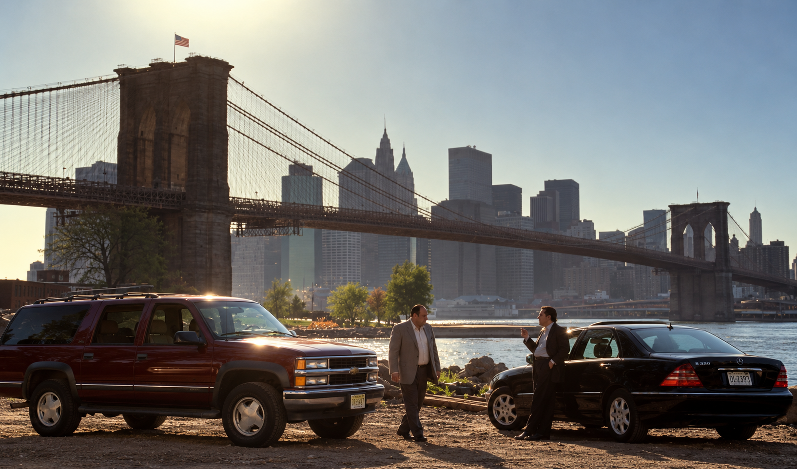 Voitures des Soprano : Chevrolet Suburban et Mercedes noires près du pont de Brooklyn, dans une scène de la série HBO.
