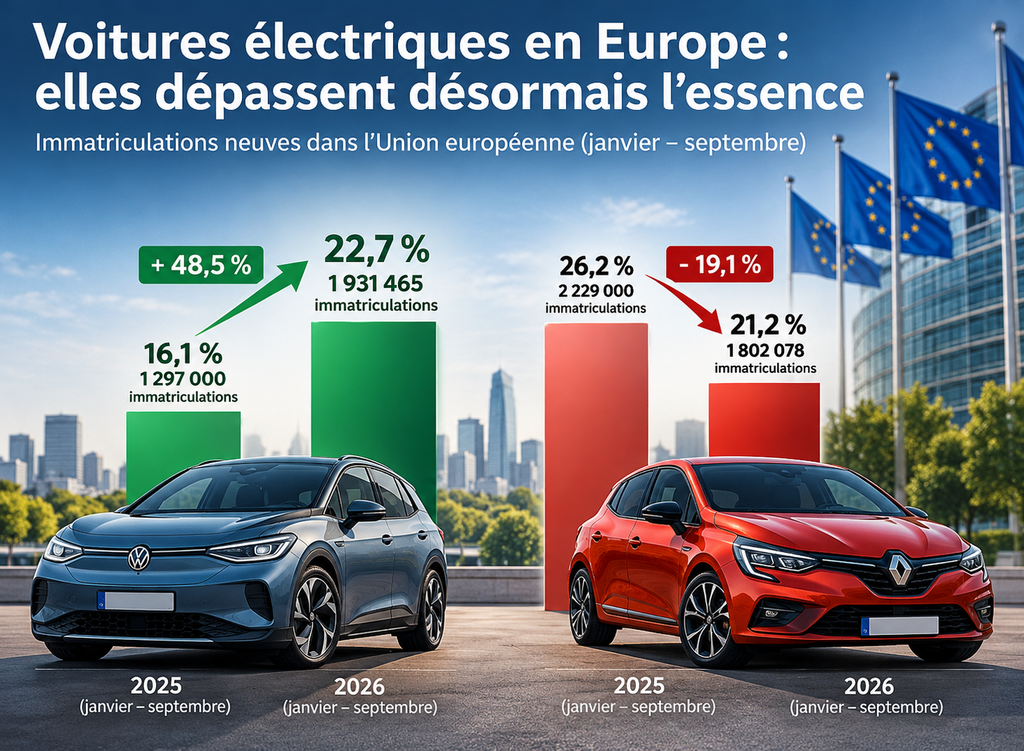 Voitures électriques en Europe en 2026 : graphique comparant la progression de l'électrique à 22,7 % et le recul de l'essence à 21,2 %.