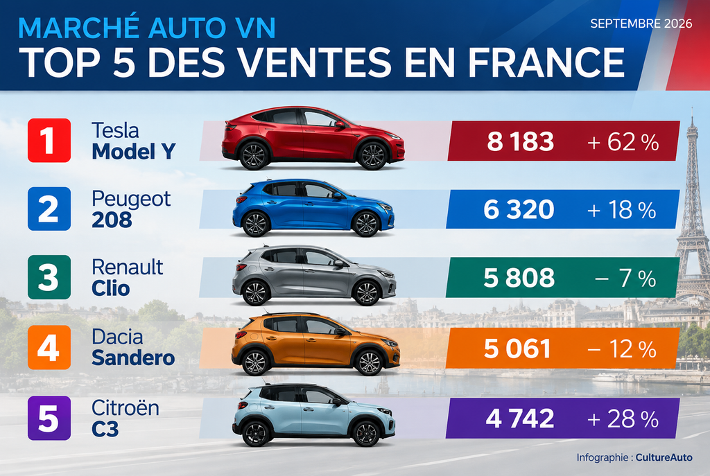 Top 5 des voitures les plus immatriculées en France en septembre 2026