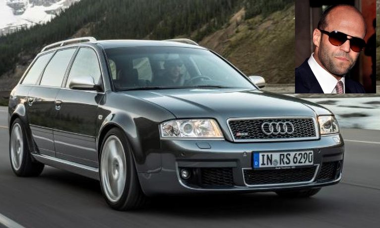 Voitures de Jason Statham : Audi RS6 Avant première génération et portrait de l'acteur.