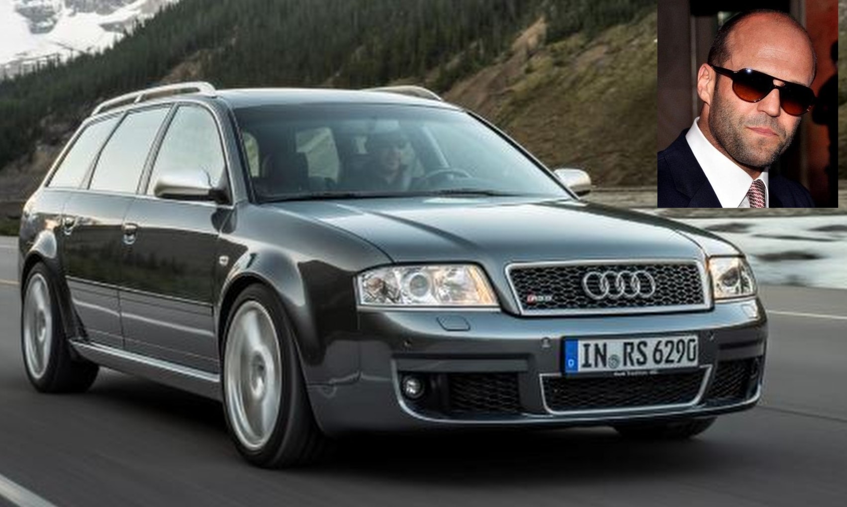 Voitures de Jason Statham : Audi RS6 Avant première génération et portrait de l'acteur.